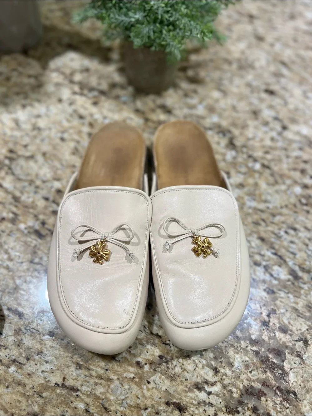 Tory Burch Brie Cream Leather Slip-On Mules with Gold Double T Charm 10M